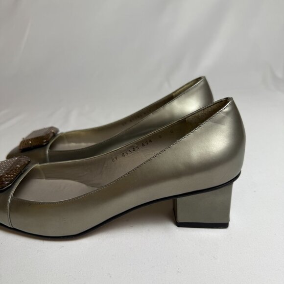 Ferragamo | Size 8 | Metallic Grey (Gunmetal) Megan Block Heeled Pumps - Picture 7 of 12
